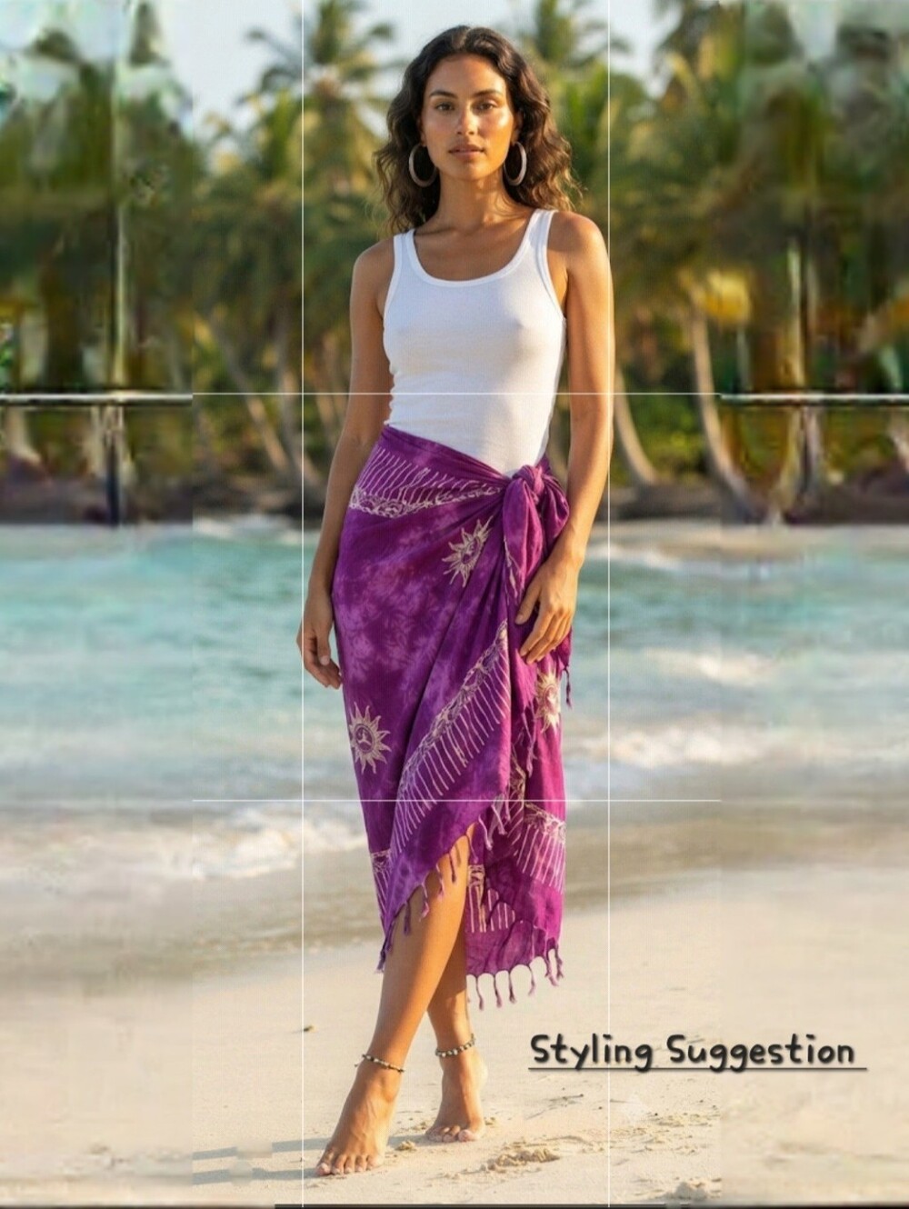Vintage Purple/White Celestial Sun Sarong | Boho Rayon Beach Wrap | 45" x 60"
